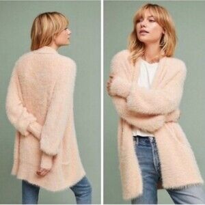 Anthropologie Knit & Knotted Eyelash pale pink cardigan pockets S fuzzy